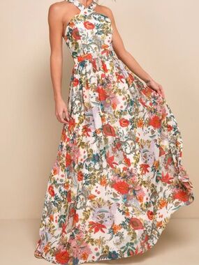 LULUS Lilja Cream Floral Print Maxi Dress SZ SMALL